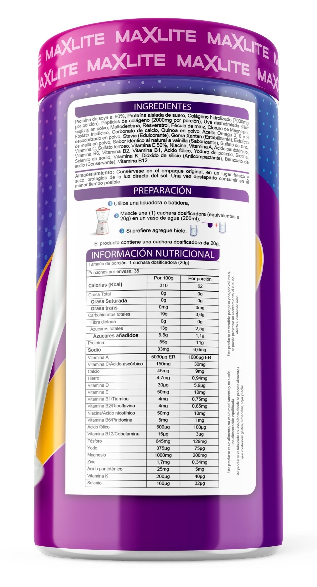 Envase de MaxLite Colágeno suplemento para cuidado integral del cuerpo