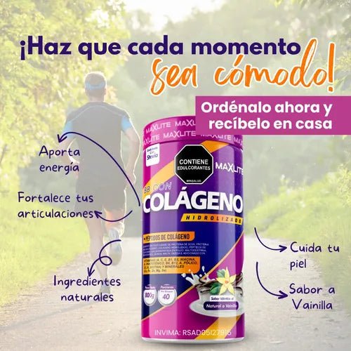 Frasco de MaxLite Colágeno con vitaminas y antioxidantes