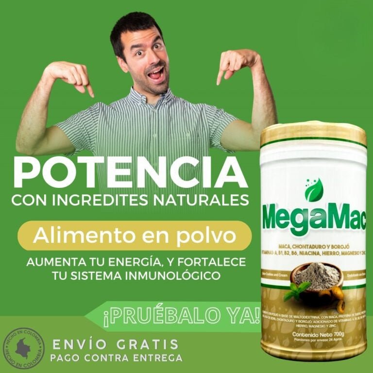 Frasco de MEGA MAC energizante con maca, chontaduro y borojó
